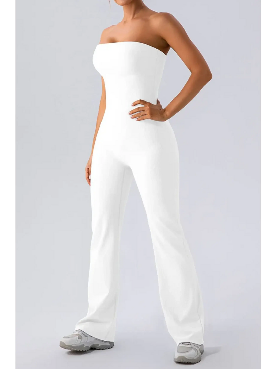 Babe Beachwear strapless active jumpsuit in white with a fitted bodice and wide-leg pants