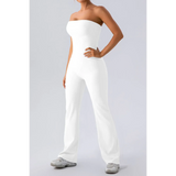 Babe Beachwear strapless active jumpsuit in white with a fitted bodice and wide-leg pants