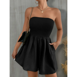 Trendsi black strapless formal wear romper with fitted bodice and flared shorts