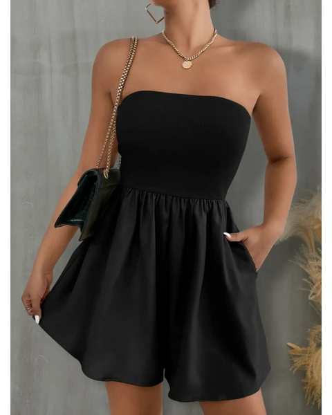 Trendsi black strapless formal wear romper with fitted bodice and flared shorts
