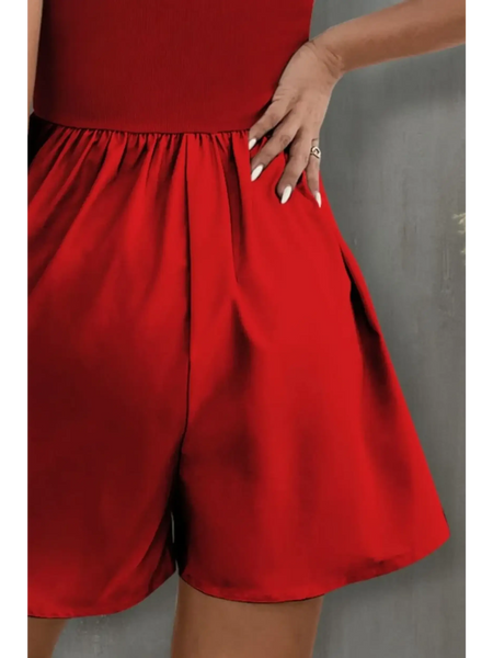 Trendsi red strapless formal wear romper with loose shorts and gathered waist detail