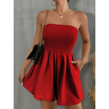 Trendsi red strapless formal wear romper with a fitted bodice and flared shorts