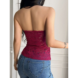 Babe Beachwear strapless lace crop top in burgundy worn with blue jeans showing back view