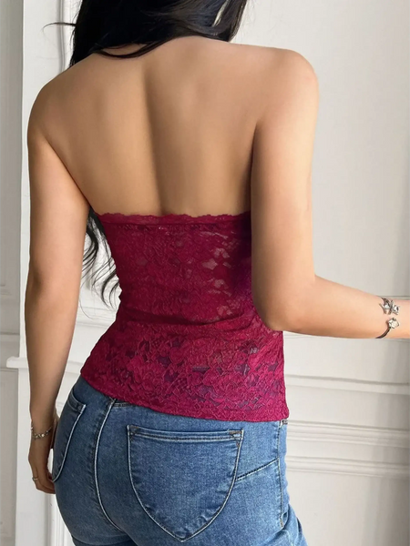 Babe Beachwear strapless lace crop top in burgundy worn with blue jeans showing back view