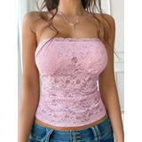 Babe Beachwear pink strapless lace crop top with intricate floral lace pattern and fitted design