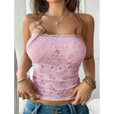 Babe Beachwear strapless lace crop top in pink floral lace design worn with blue jeans