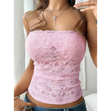 Babe Beachwaer pink strapless lace crop top with floral pattern and fitted design
