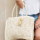 Babe Beachwaer Straw Summer Tote bag in cream with crochet design and double handles
