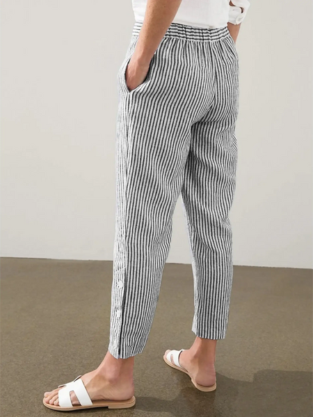 Babe Beachwear striped beach pants for women with black and white vertical stripes and elastic waistband