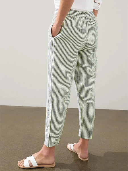 Babe Beachwear striped beach pants for women in white and green with elastic waistband and side pockets