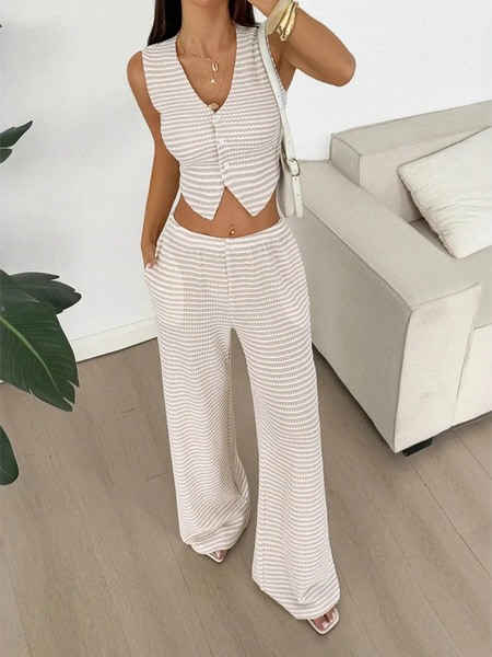 Babe Beachwaer striped knit vest and pants set with sleeveless buttoned vest and wide-leg pants