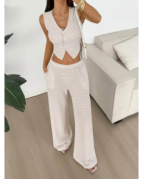 Babe Beachwaer striped knit vest and pants set with sleeveless buttoned vest and wide-leg pants