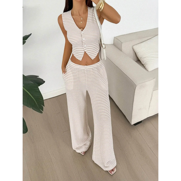 Babe Beachwaer striped knit vest and pants set with sleeveless buttoned vest and wide-leg pants