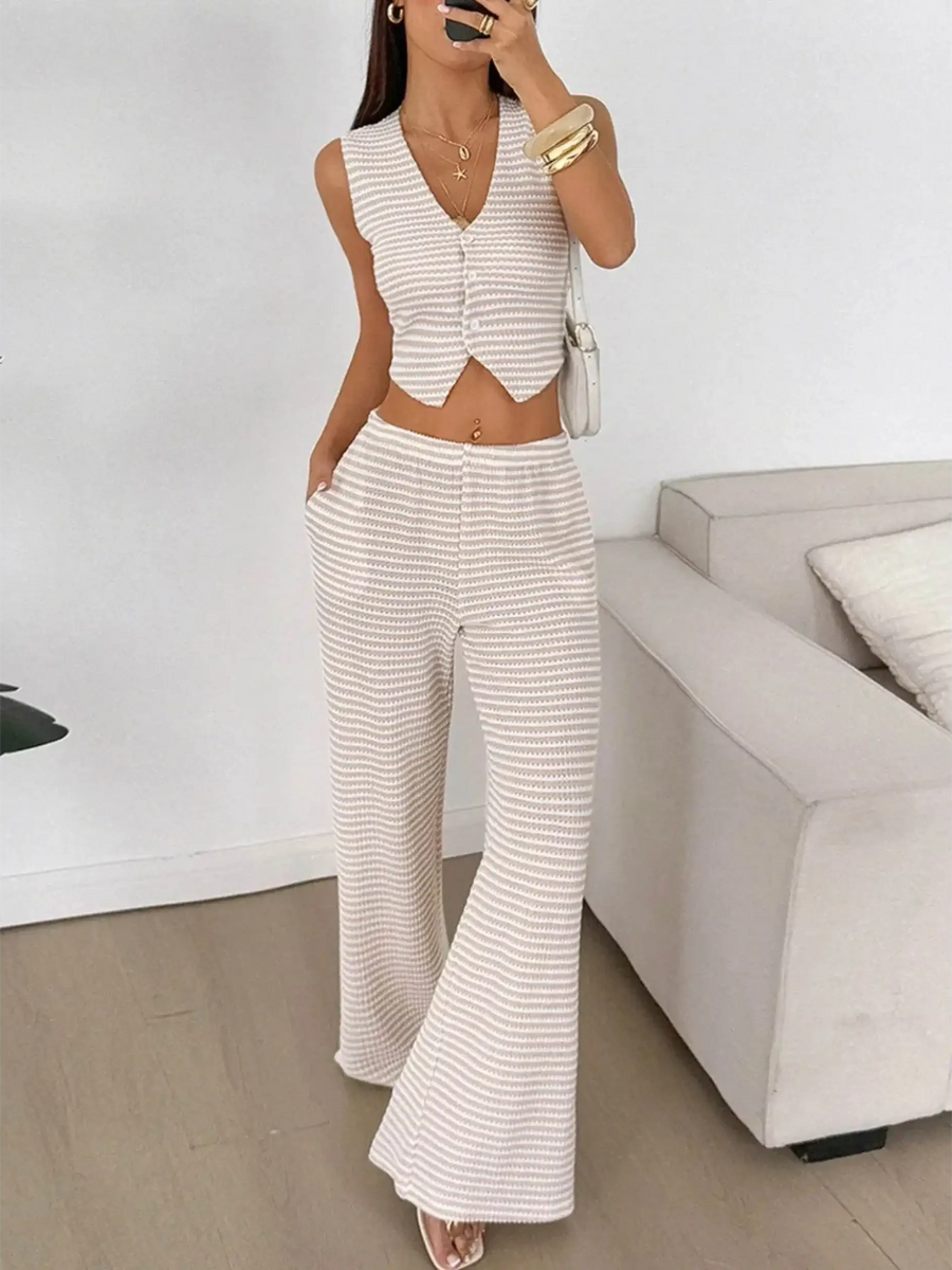 Babe Beachwear striped knit vest and pants set in neutral tones with sleeveless button-up top and wide-leg pants