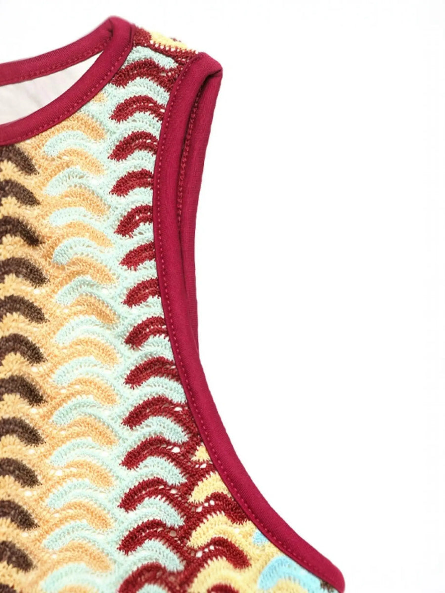 Close-up of Babe Beachwear sleeveless striped midi beach dress with colorful textured knit fabric