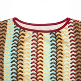 Babe Beachwear striped midi beach dress close-up showing colorful textured fabric and burgundy neckline