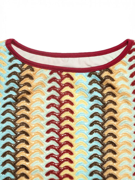Babe Beachwear striped midi beach dress close-up showing colorful textured fabric and burgundy neckline