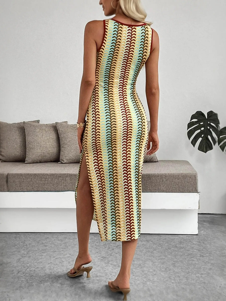 Babe Beachwear striped midi beach dress with side slit worn by woman in beige heels indoors