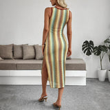 Babe Beachwear striped midi beach dress with side slit worn by woman in beige heels indoors
