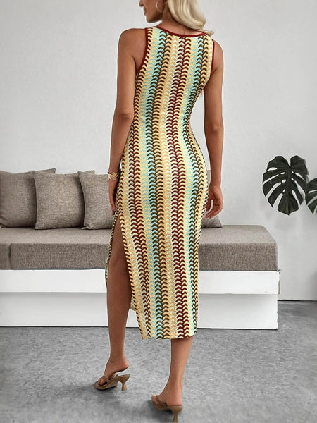 Babe Beachwear striped midi beach dress with side slit worn by woman in beige heels indoors