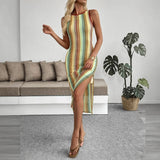 Babe Beachwear striped midi beach dress with sleeveless design and side slit worn with sandals