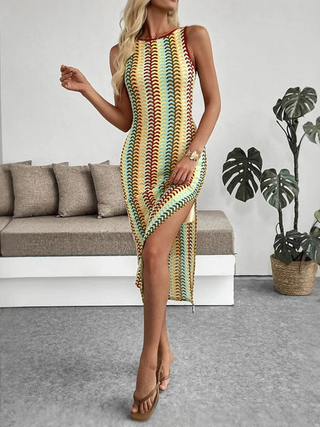 Babe Beachwear striped midi beach dress with sleeveless design and side slit worn with sandals