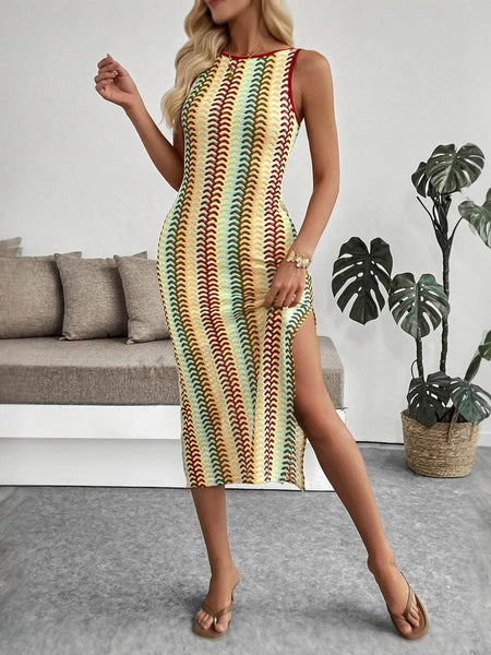 Babe Beachwear striped midi beach dress with side slit worn by model in casual indoor setting