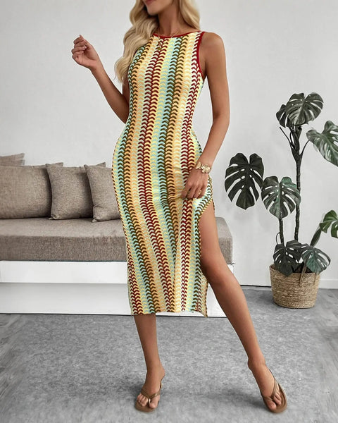 Babe Beachwear striped midi beach dress with side slit worn by model in casual indoor setting