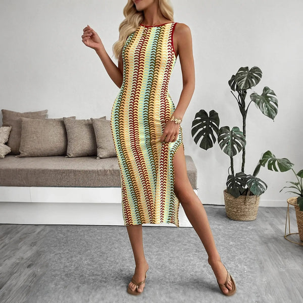 Babe Beachwear striped midi beach dress with side slit worn by model in casual indoor setting