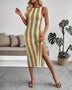 Babe Beachwear striped midi beach dress with side slit worn by model in casual indoor setting