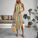 Babe Beachwear striped midi beach dress with sleeveless design and side slit perfect for summer