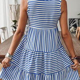EG fashion striped midi dress summer with blue and white horizontal stripes and tiered skirt design
