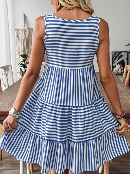 EG fashion striped midi dress summer with blue and white horizontal stripes and tiered skirt design