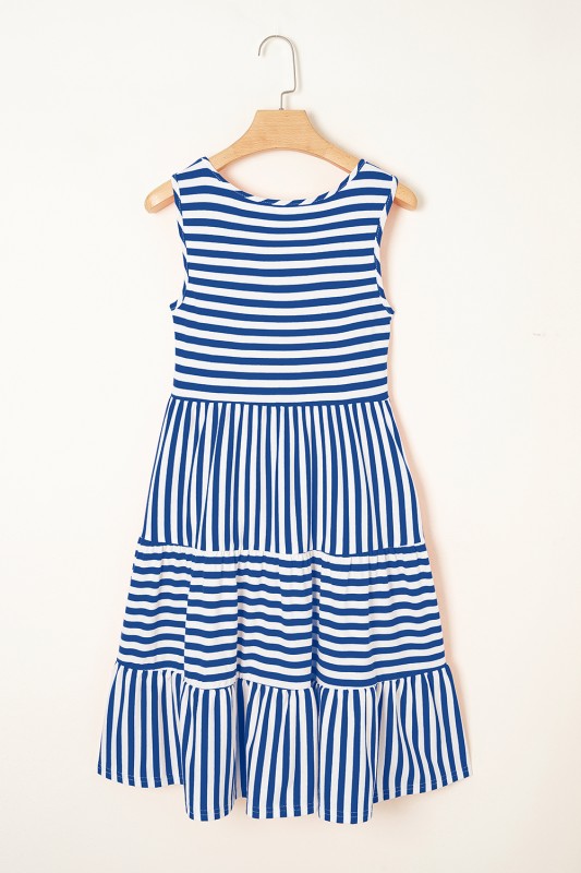 EG fashion Striped Midi Dress summer in blue and white with sleeveless design and tiered skirt
