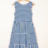 EG fashion Striped Midi Dress summer in blue and white with sleeveless design and tiered skirt