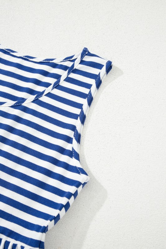 Close-up of EG fashion striped midi dress summer in blue and white sleeveless design