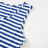 Close-up of EG fashion striped midi dress summer in blue and white sleeveless design