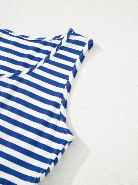 Close-up of EG fashion striped midi dress summer in blue and white sleeveless design