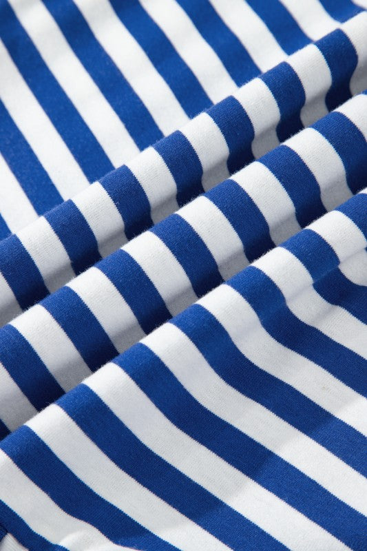 Close-up of blue and white striped fabric pattern for EG fashion Striped Midi Dress summer
