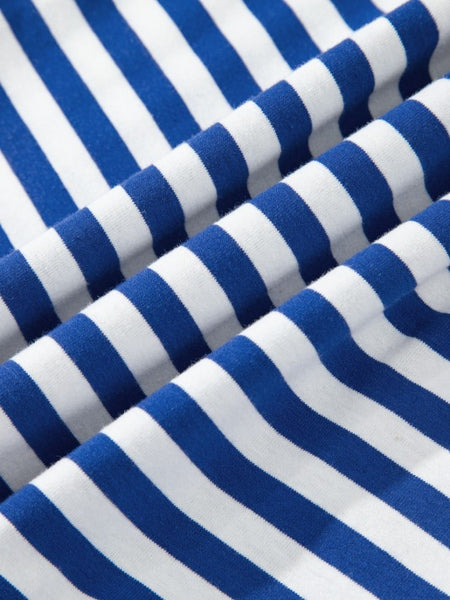 Close-up of blue and white striped fabric pattern for EG fashion Striped Midi Dress summer