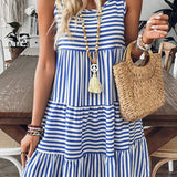 EG fashion striped midi dress summer in blue and white with sleeveless design and tiered skirt