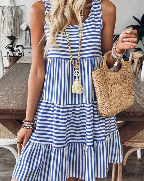 EG fashion striped midi dress summer in blue and white with sleeveless design and tiered skirt