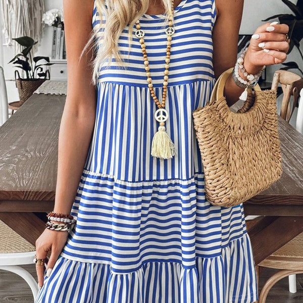 EG fashion striped midi dress summer in blue and white with sleeveless design and tiered skirt