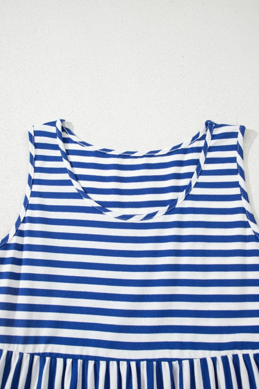 EG fashion striped midi dress summer in blue and white sleeveless design with round neckline