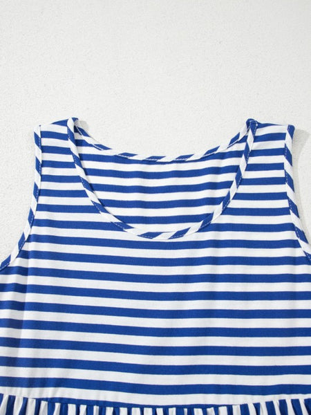 EG fashion striped midi dress summer in blue and white sleeveless design with round neckline