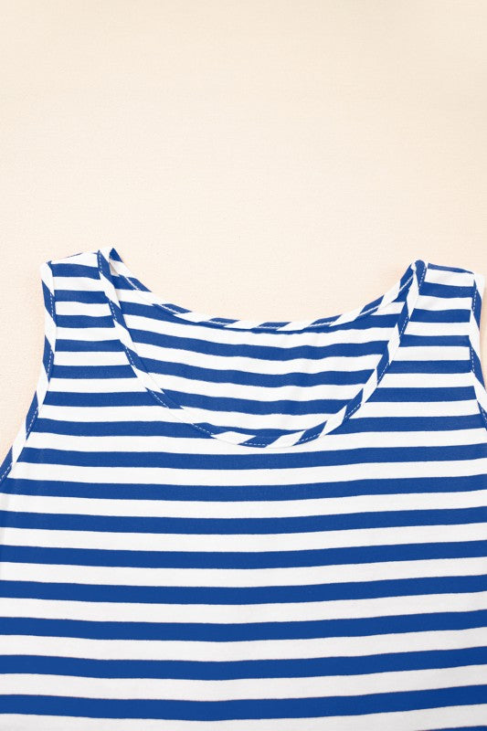 EG fashion blue and white striped midi dress summer sleeveless top with round neckline