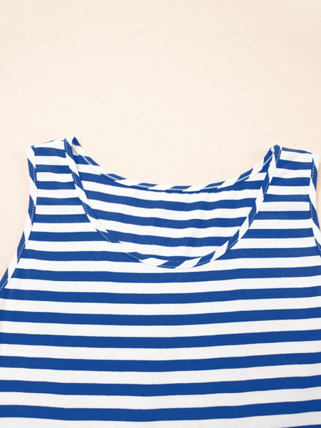 EG fashion blue and white striped midi dress summer sleeveless top with round neckline