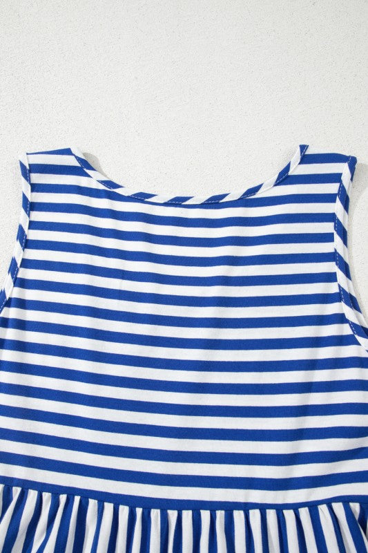 EG fashion striped midi dress summer with blue and white horizontal stripes sleeveless design