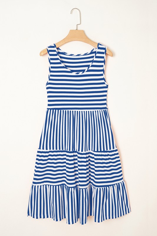 EG fashion striped midi dress summer sleeveless blue and white casual dress on hanger