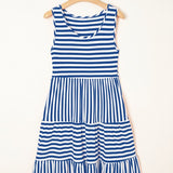 EG fashion striped midi dress summer sleeveless blue and white casual dress on hanger